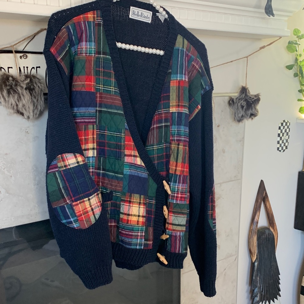 Coolest Vintage Madras Double Breasted Cardigan Belle Pointe. Size Medium.